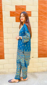 2 Pcs Women's Stitched Linen Printed Suit