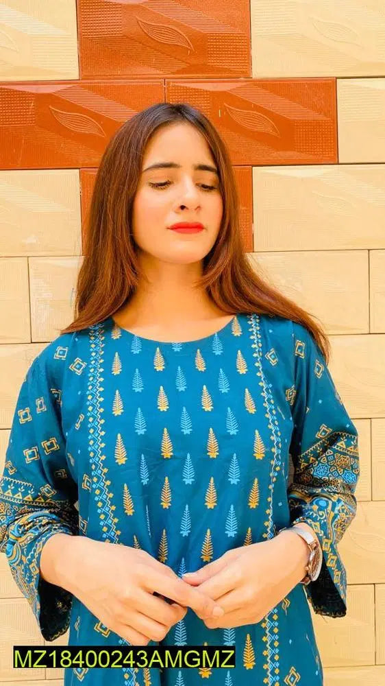 2 Pcs Women's Stitched Linen Printed Suit